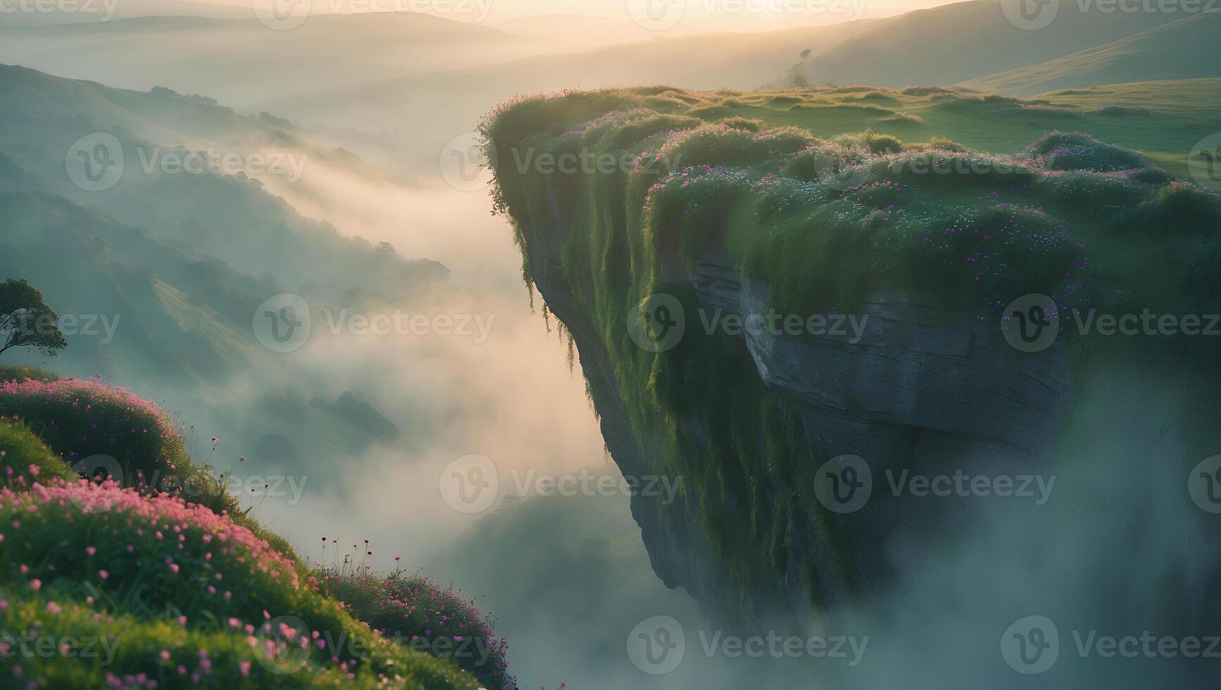 Dramatic Cliff Edge Landscape with Fog and Wildflowers at Sunrise photo