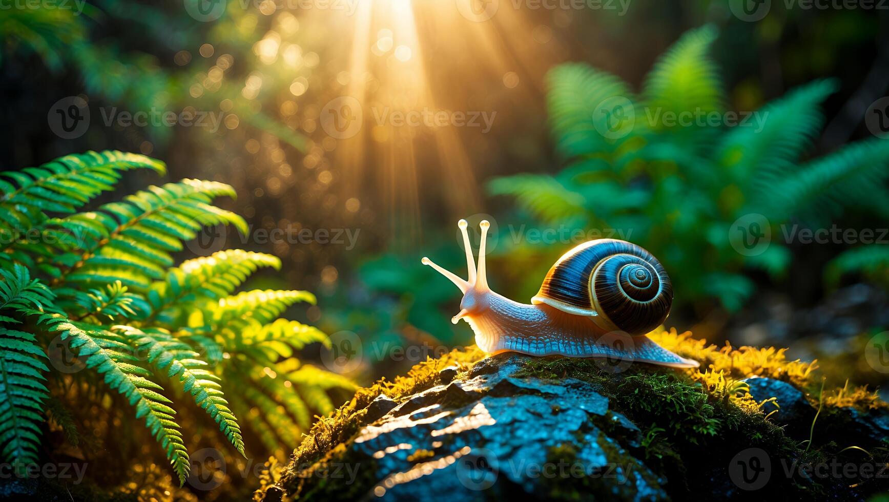 Snail Crawling on Mossy Rock in Forest with Sun Rays photo