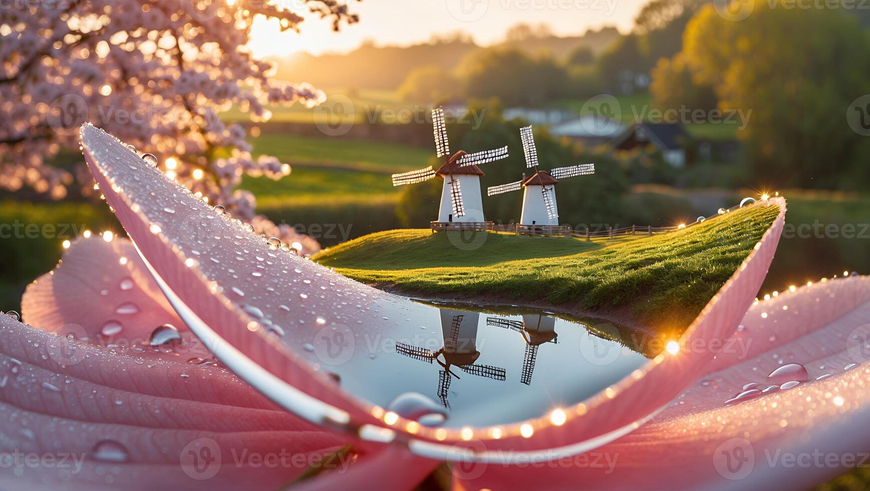 Tranquil Rural Scene Reflected in Flower Petal with Dewdrops at Sunrise photo