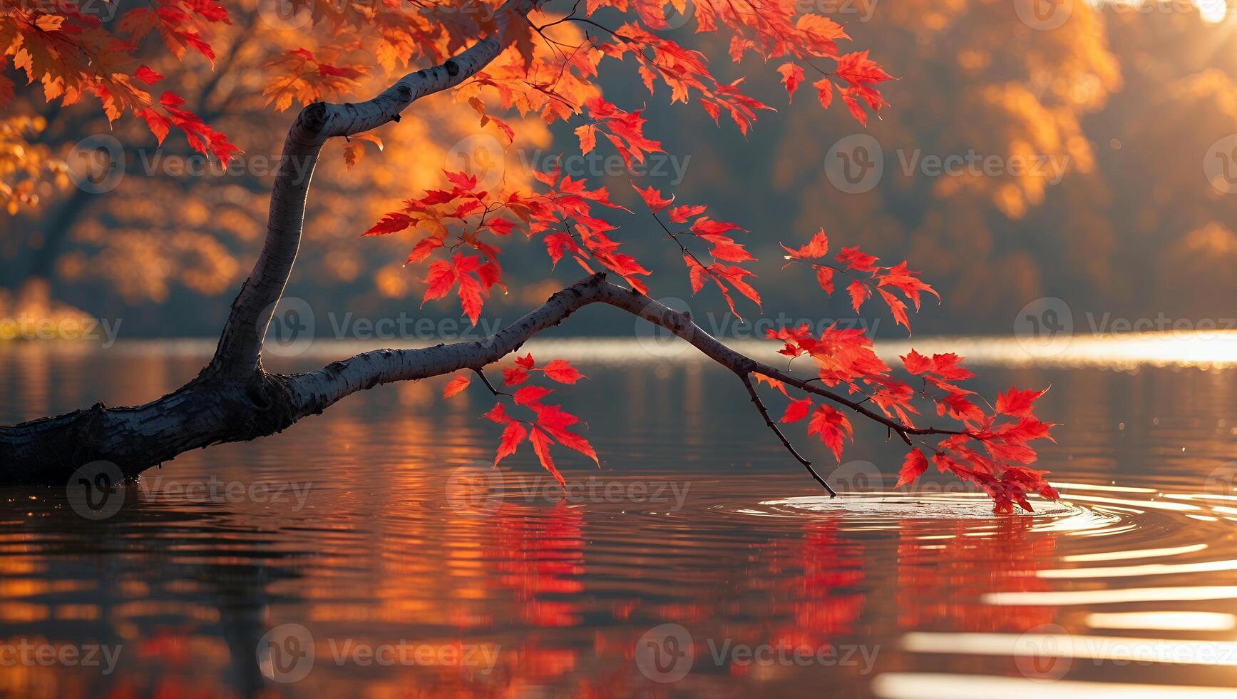 Red Autumn Leaves Branching Over Still Lake Water Creating Ripples photo