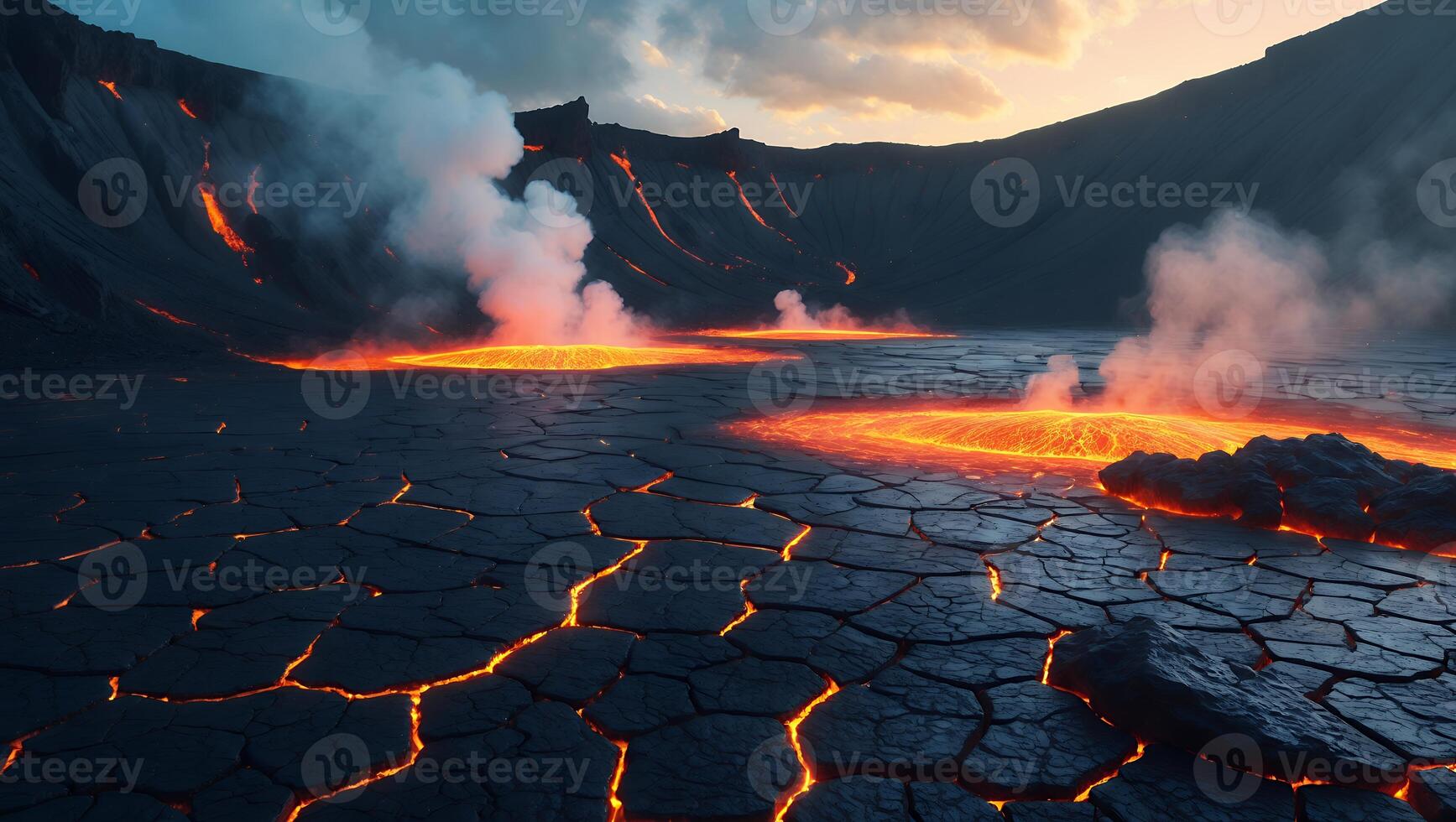 Flowing Lava Landscape with Crackled Earth and Rising Smoke photo