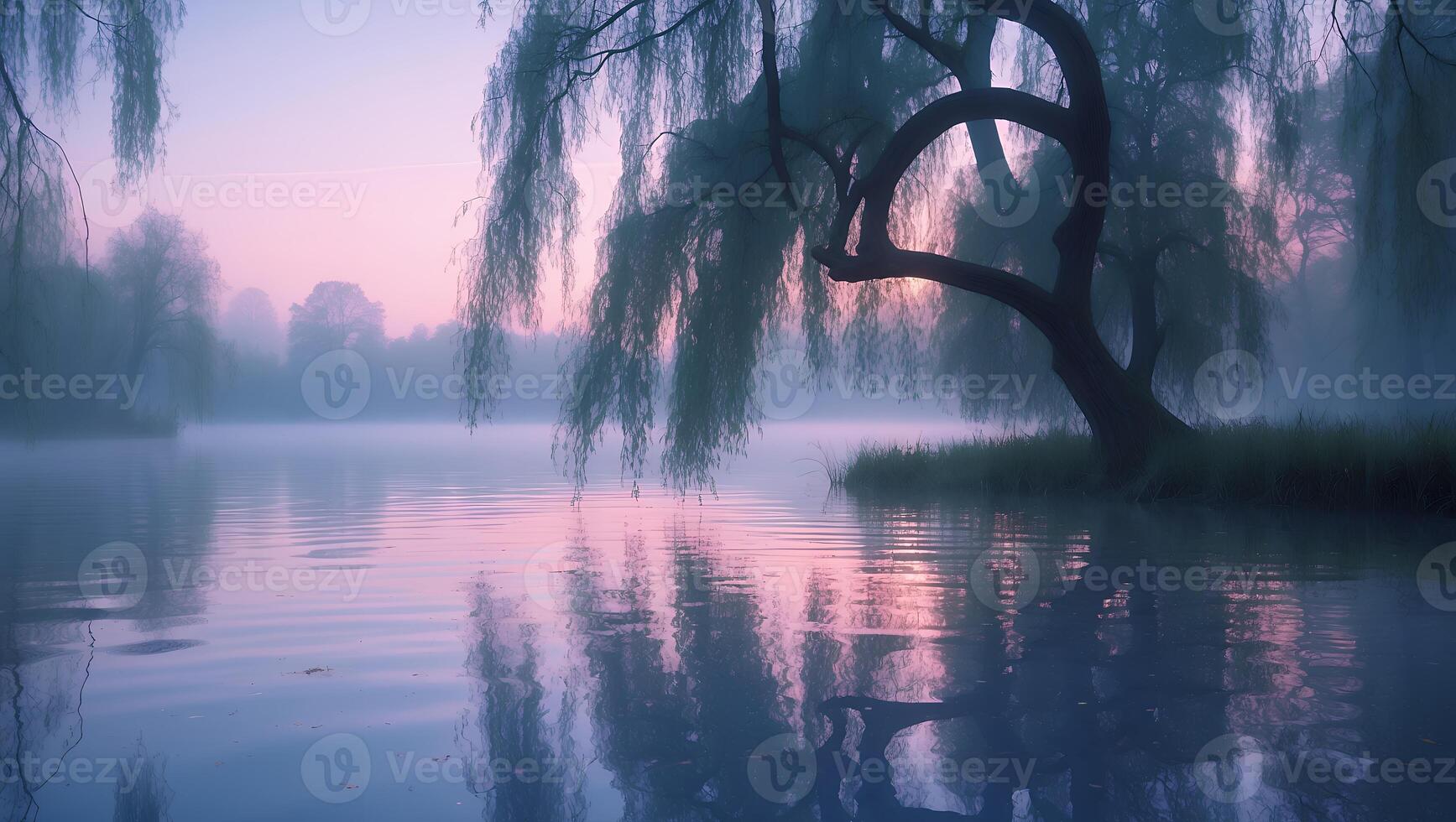 Tranquil Lake Landscape with Willow Tree and Soft Morning Mist photo