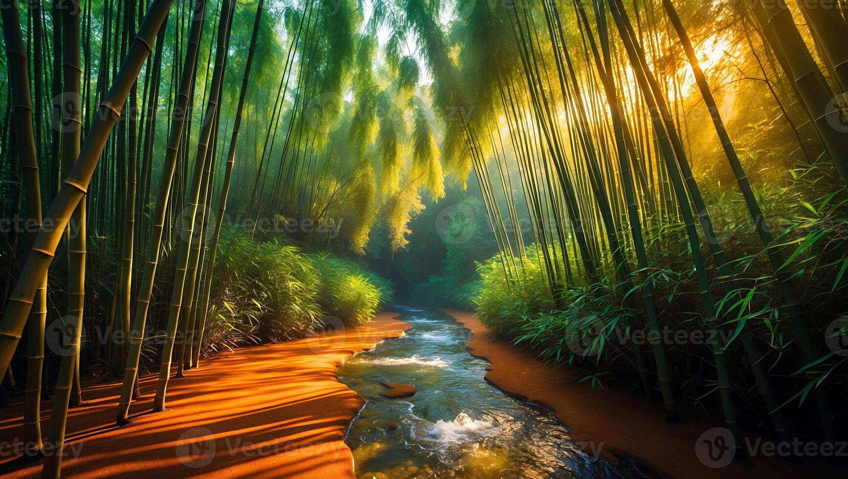 River Flowing Through Serene Bamboo Forest with Sunlight Breaking Through photo