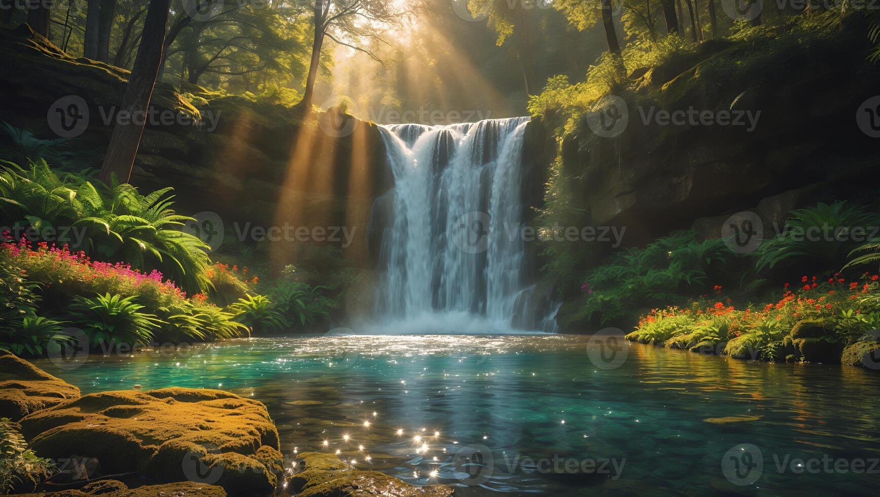 Waterfall Cascading Into Clear Pool with Sunlight Streaming Through Trees photo
