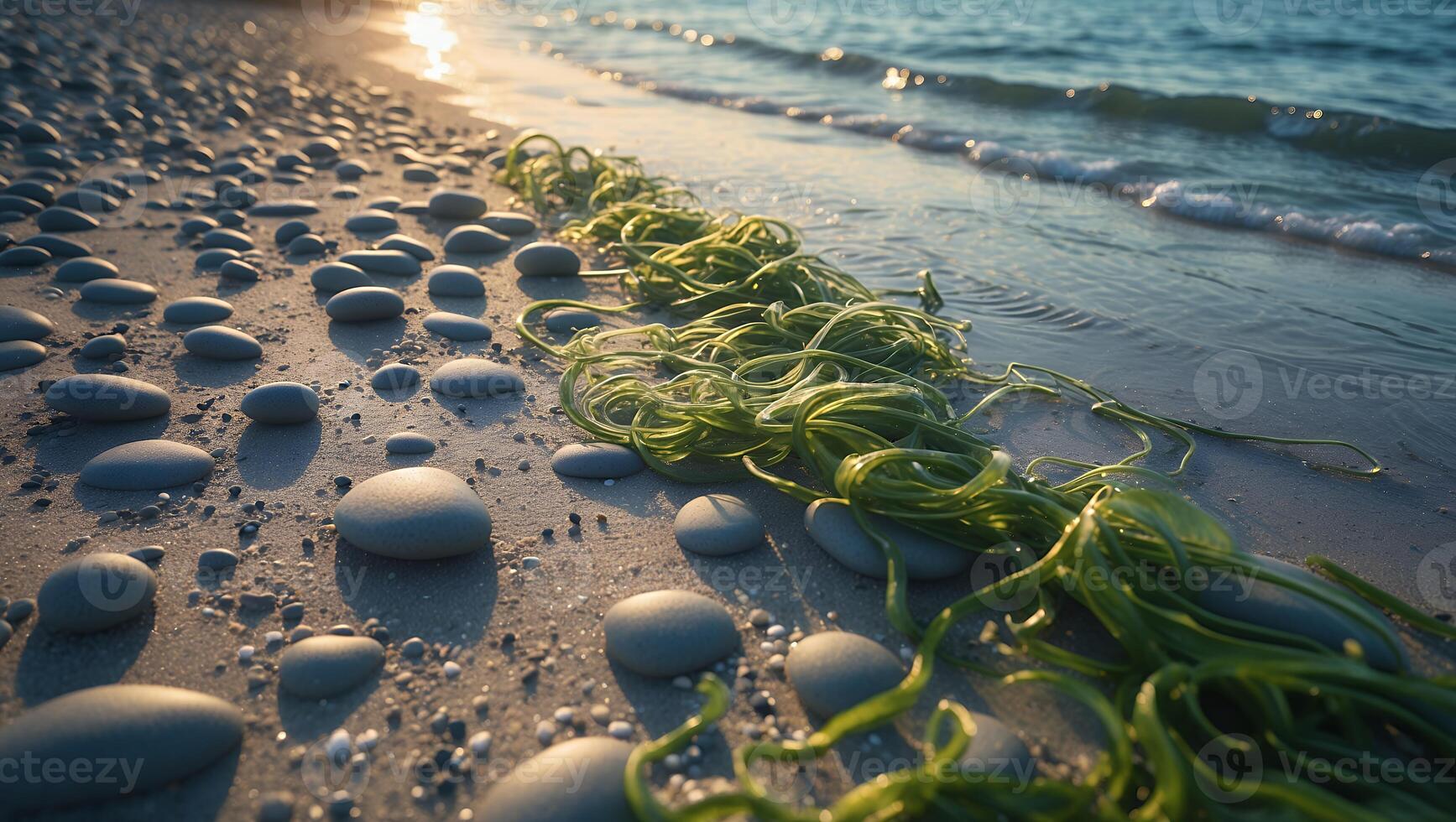 Stones and Seaweed on Sandy Beach at Sunset Seaside Scene photo