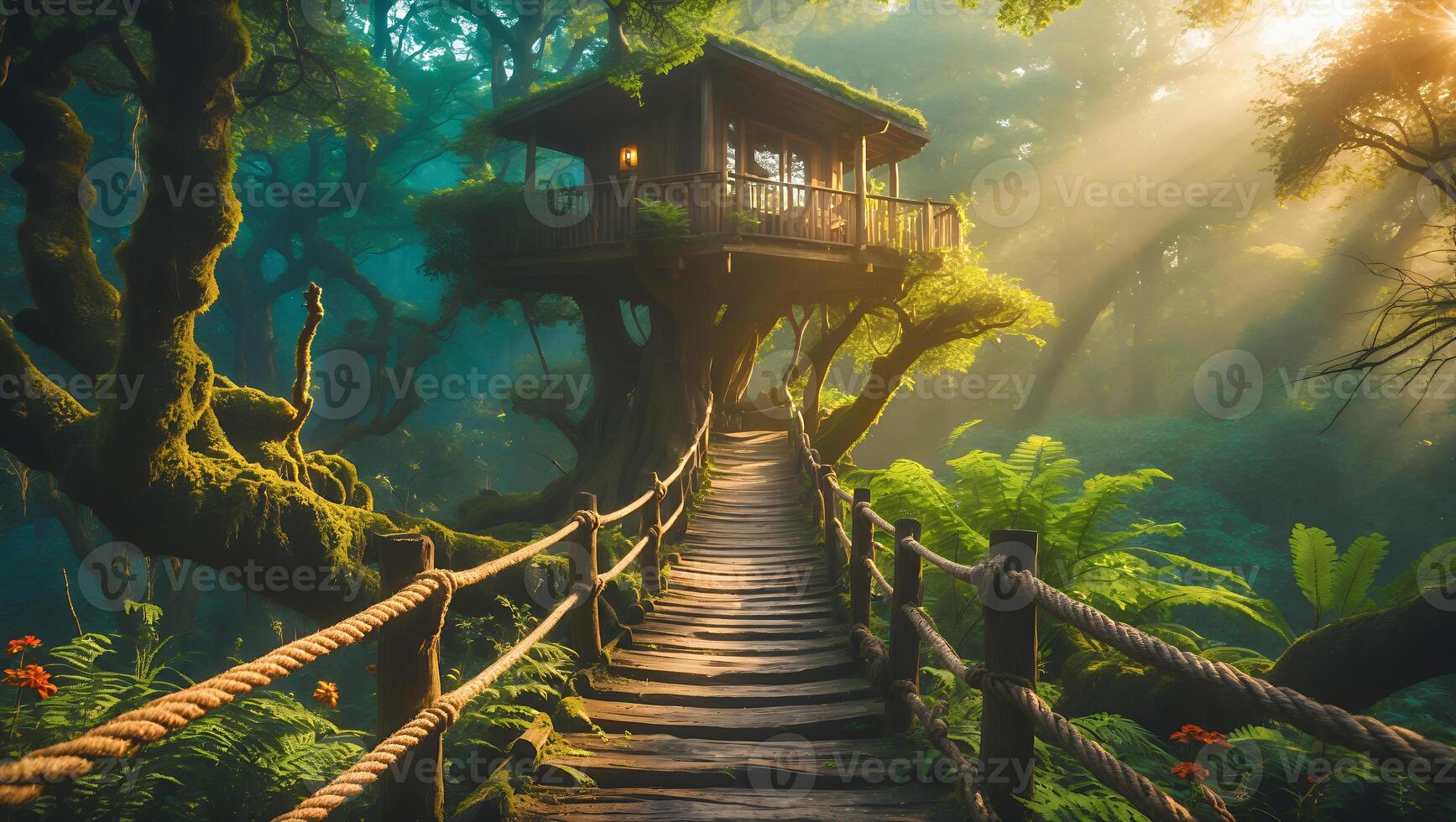 Treehouse Retreat in Lush Forest with Wooden Bridge and Sunlight photo