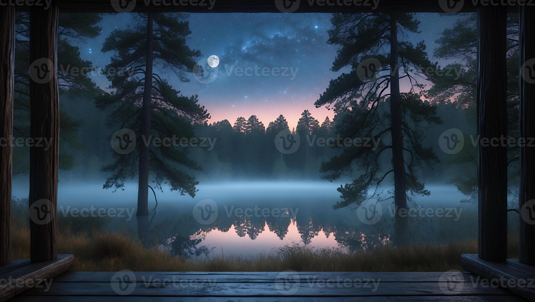 Serene Lake View with Foggy Forest Seen From Wooden Porch photo