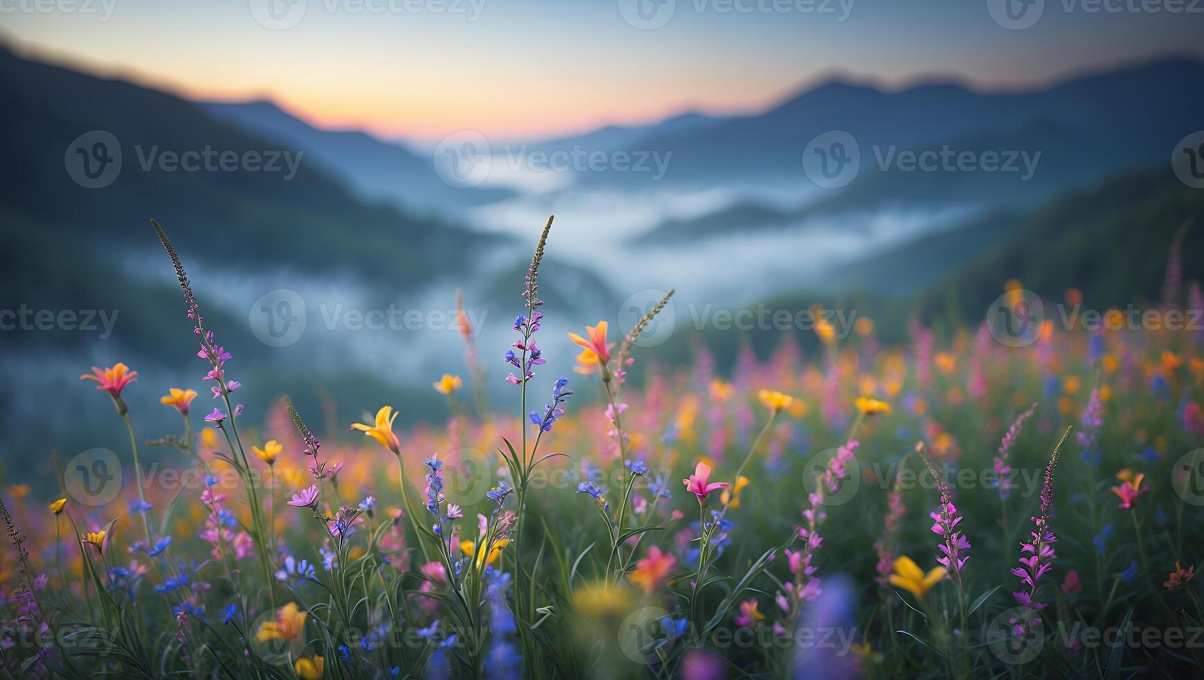 Colorful Wildflower Meadow at Dusk with Mountain Views and Soft Mist photo