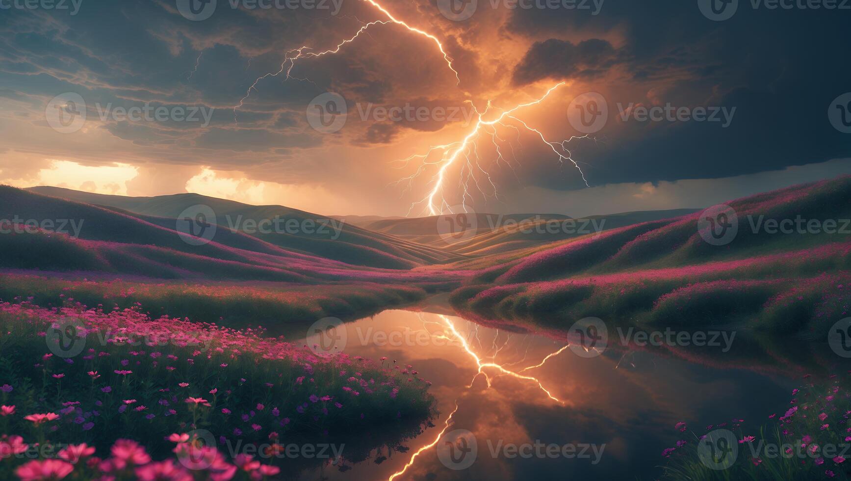Lightning Strikes Over Purple Flower Field Reflected in Calm River photo