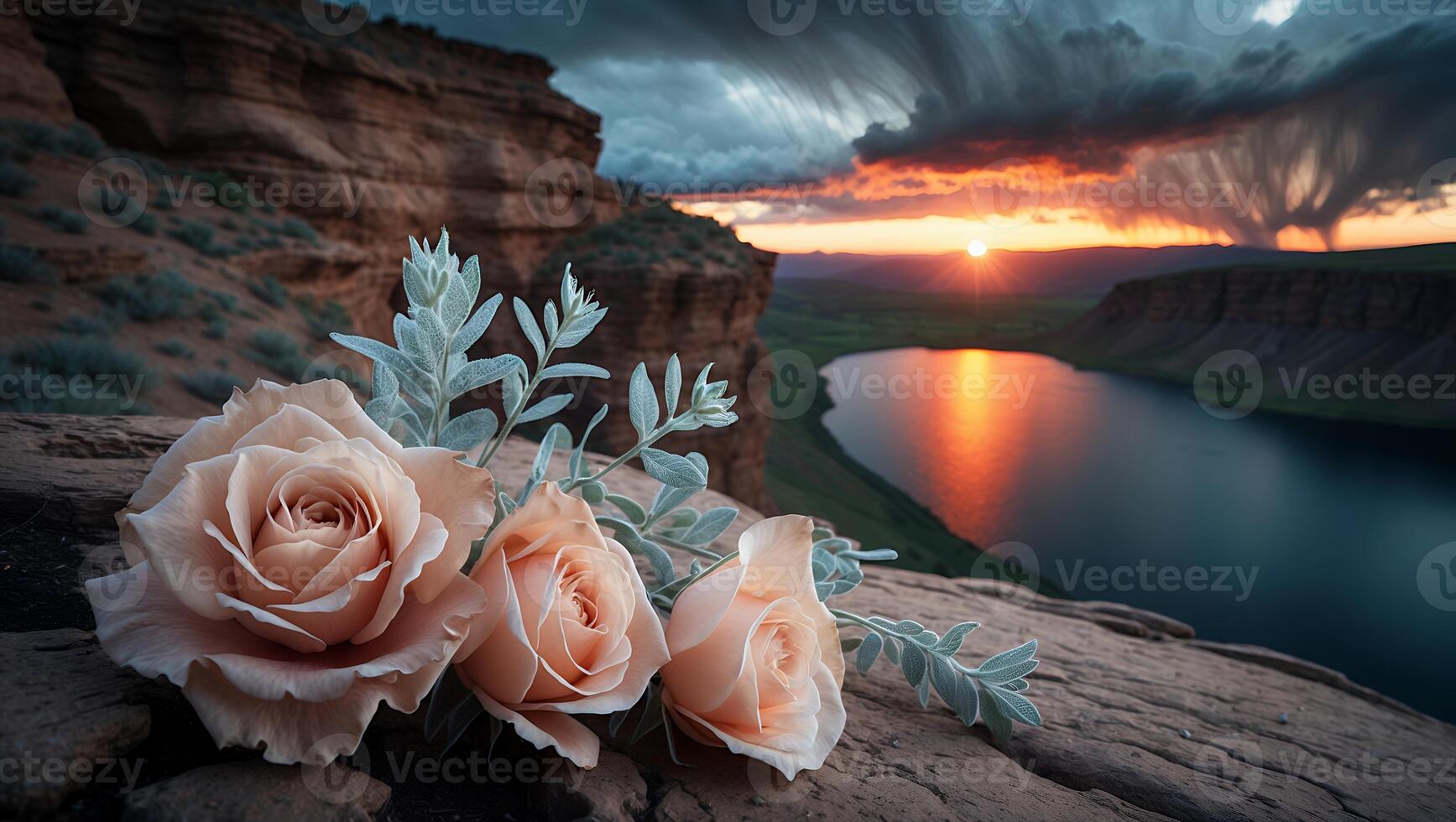 Roses Bouquet on Cliff Overlooking Lake at Sunset Scenery photo