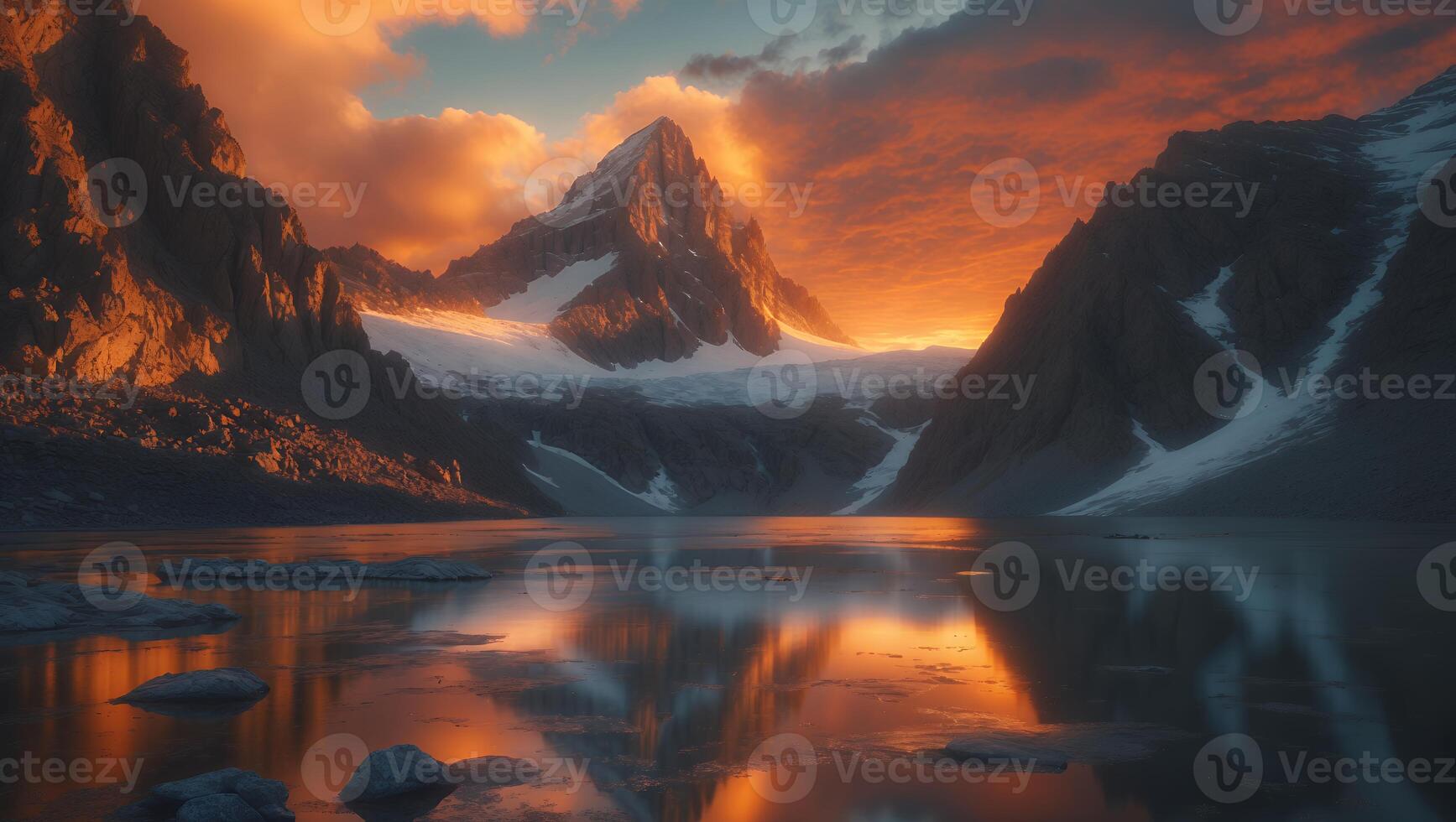 Reflecting Mountain Lake at Sunset with Snow-capped Peaks and Clouds photo
