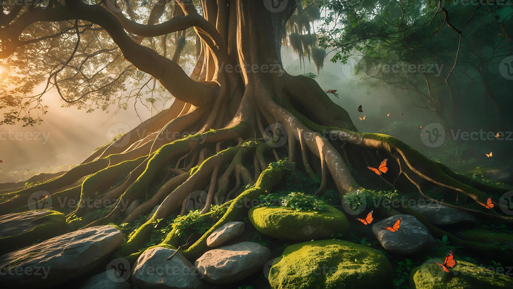 Majestic Tree with Sprawling Roots and Butterflies in a Misty Forest photo