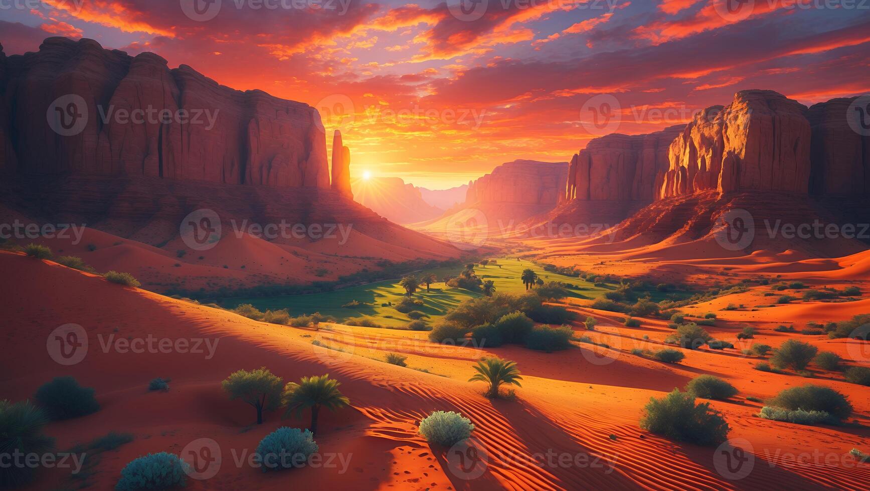 Dramatic Desert Landscape with Towering Cliffs and Vibrant Sunset Glow photo
