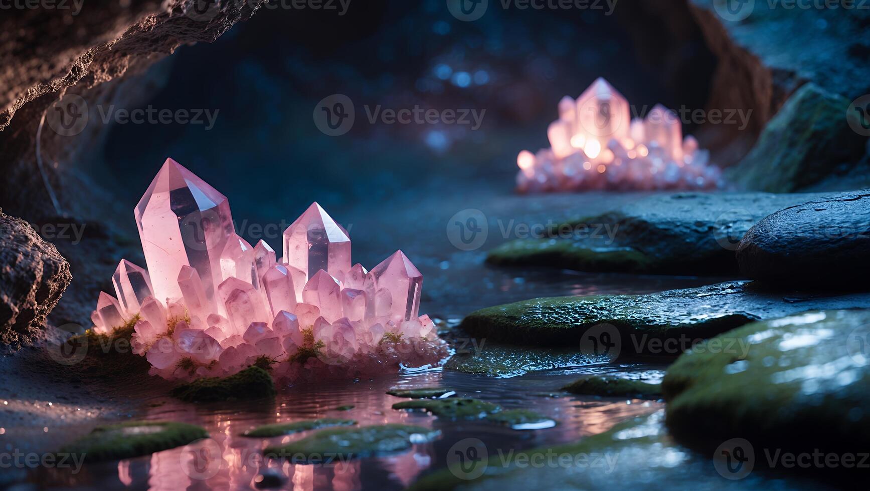 Glowing Pink Crystals in Water Cave Sparkling with Mystical Light photo
