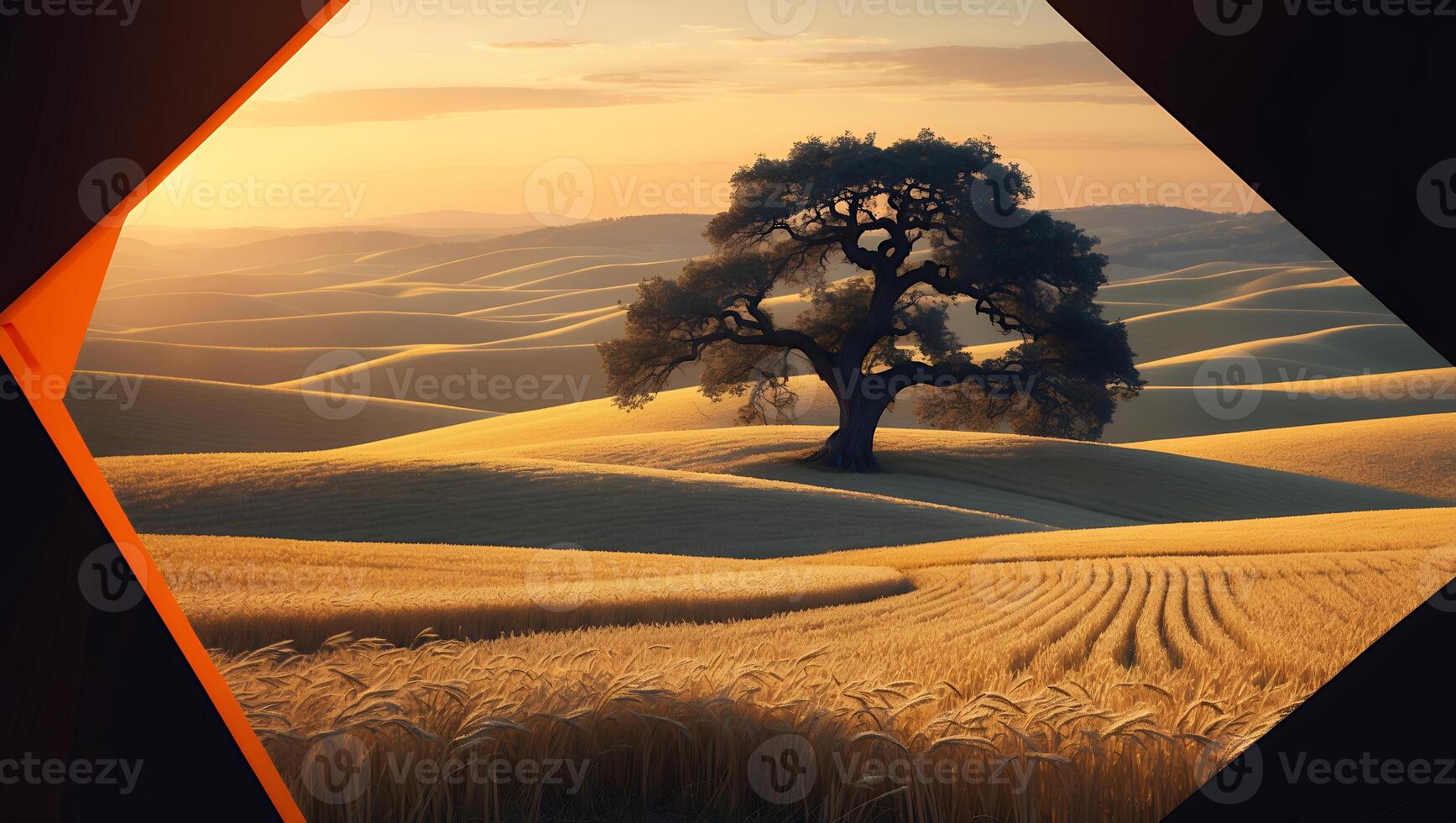 Lone Tree Stands in Golden Wheat Field Under Warm Sunset Light photo