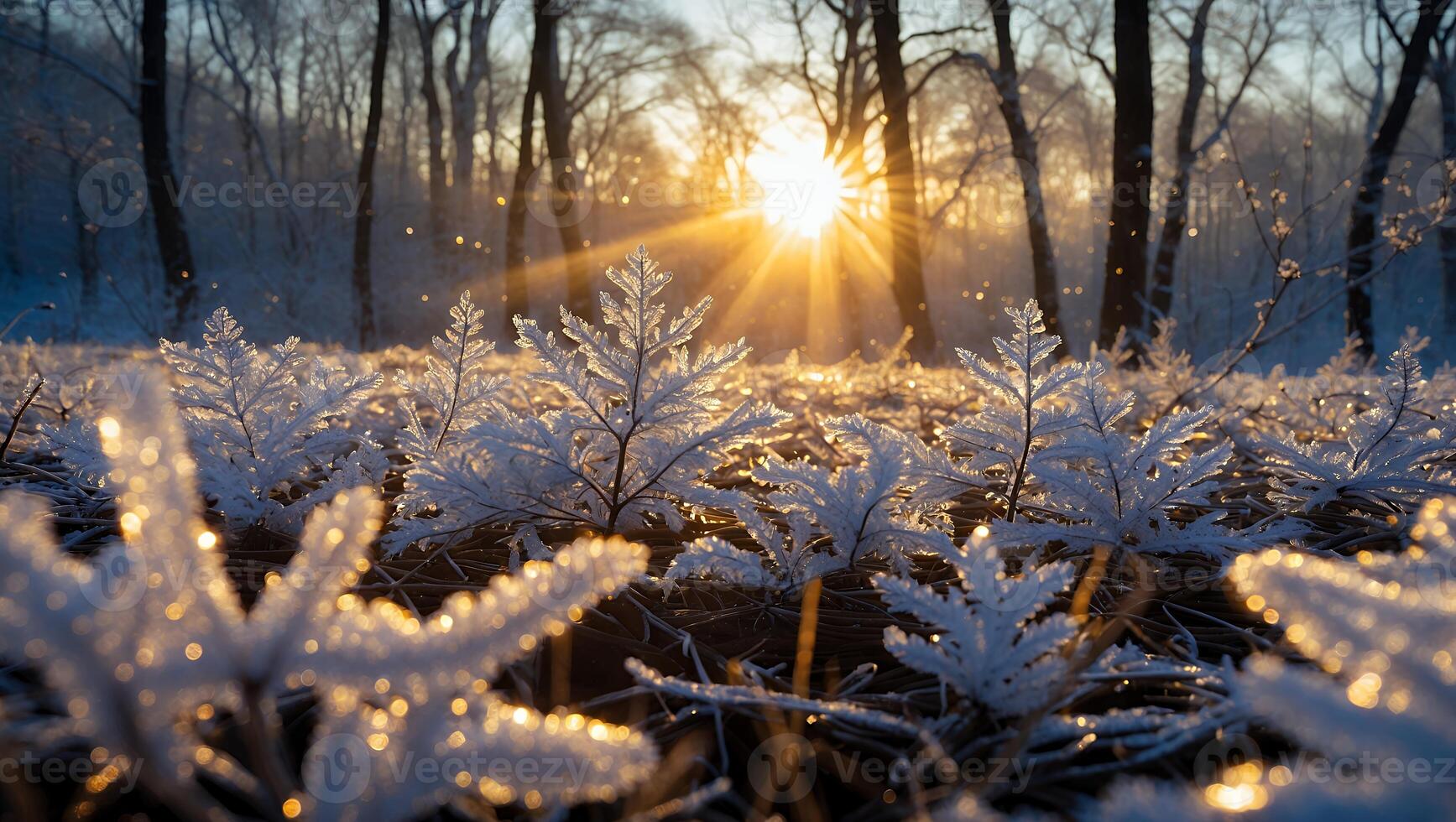 Frost Covered Plants at Sunrise in Winter Forest Landscape Scene photo