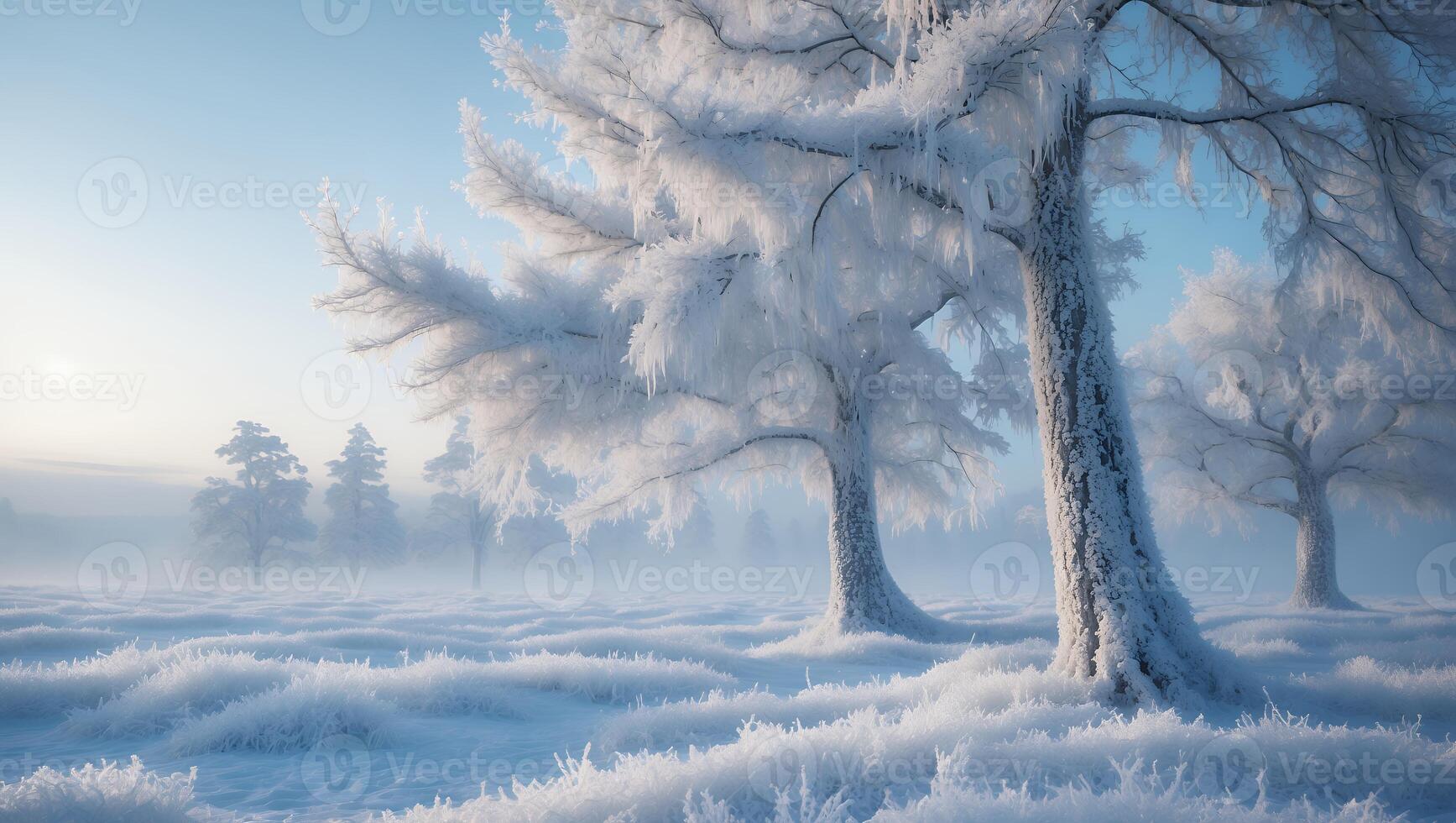 Winter Landscape with Snow Covered Trees and Field in Fog photo