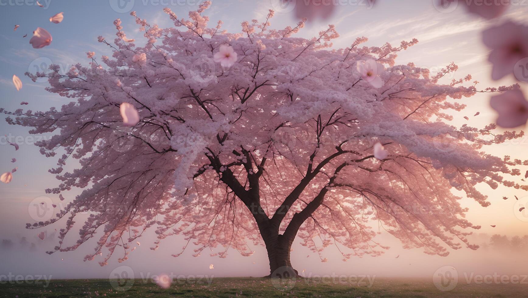 Blooming Tree with Pink Flowers and Falling Petals on Misty Morning photo