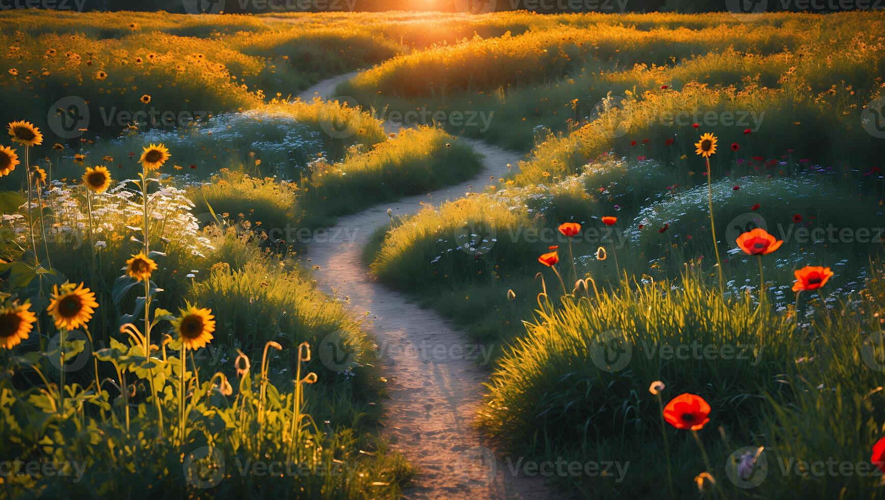 Walking Path Through Field of Wild Flowers at Golden Sunset photo