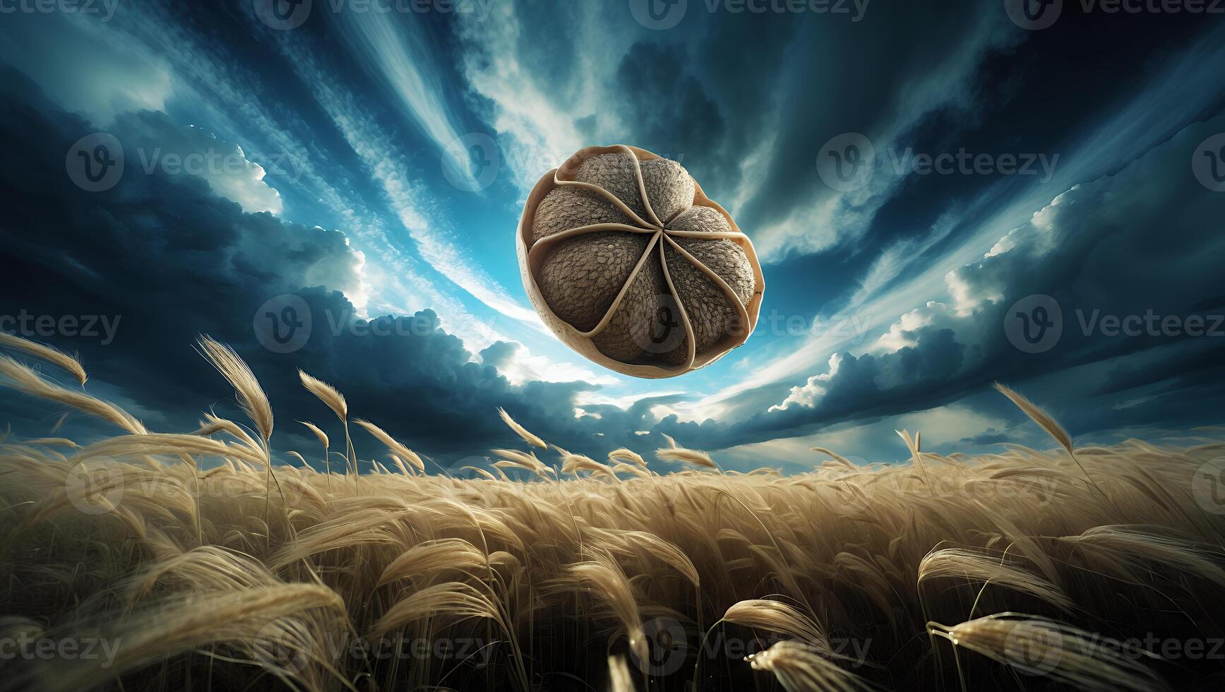 Floating Seed Over Golden Wheat Field Against a Dramatic Sky photo