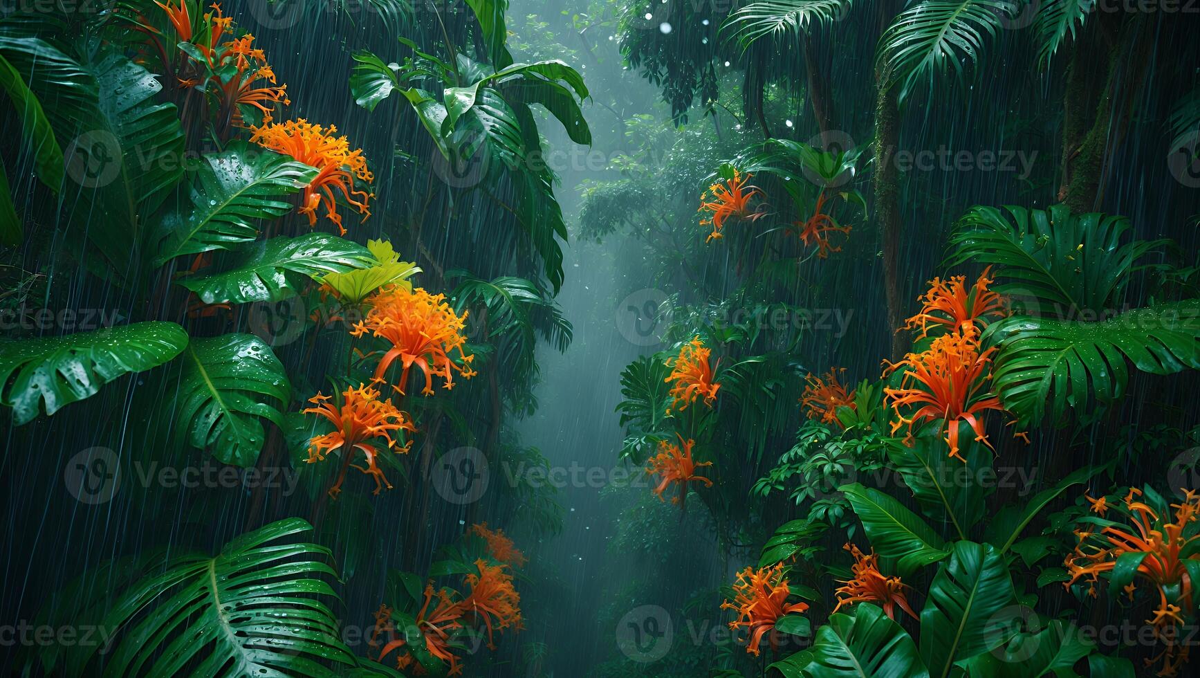 Rain Falling in Lush Jungle with Tropical Flowers and Greenery photo