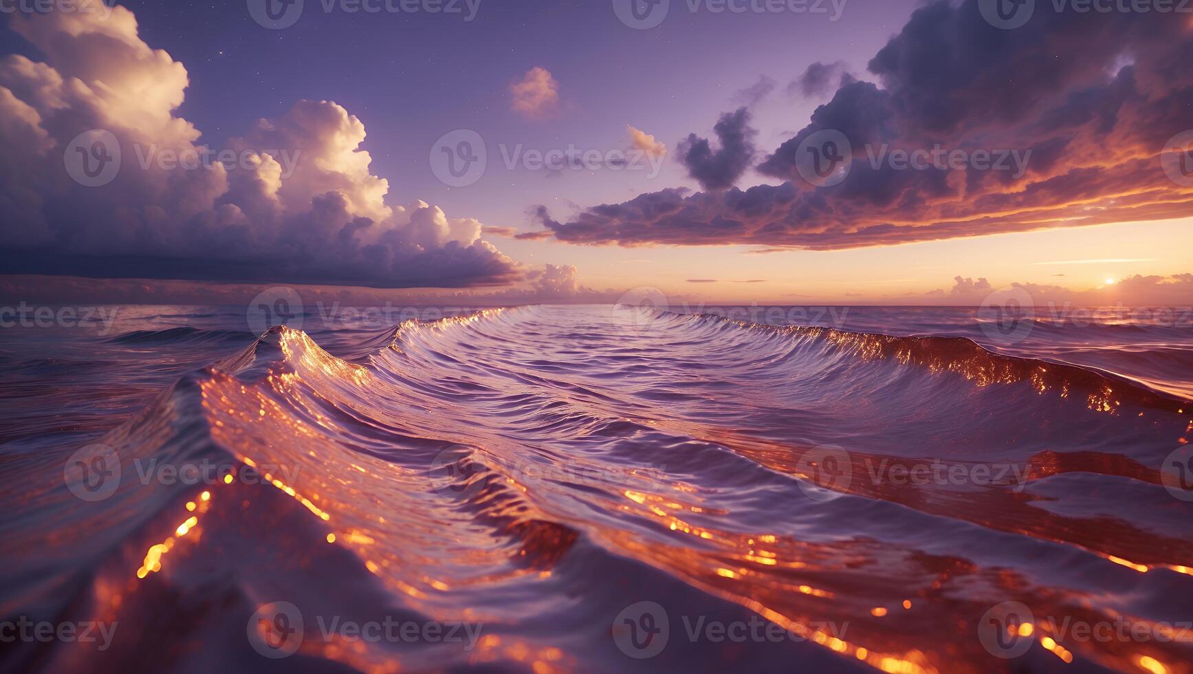 Ocean Waves Flowing Under Colorful Sunset Sky with Dramatic Clouds photo