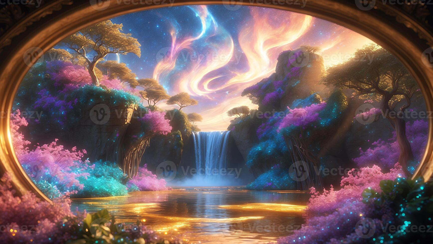 Waterfall Flowing Into Tranquil Lake with Magical Sky and Floral Setting photo