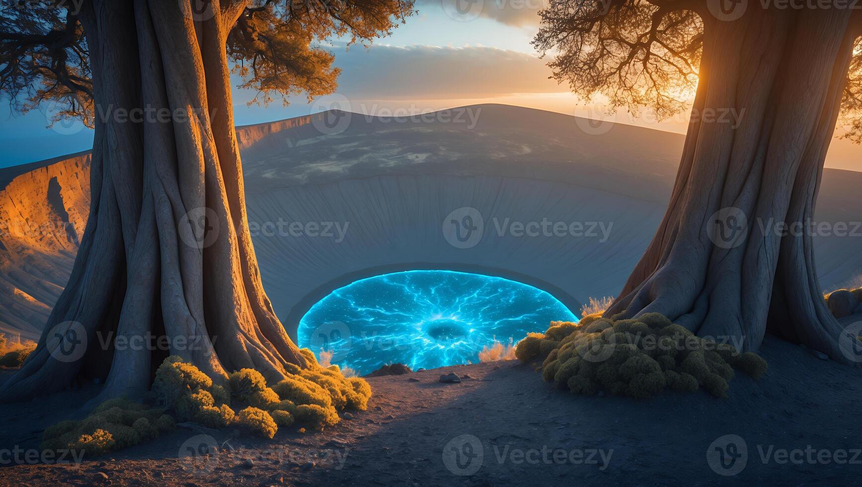 Crater Lake with Electric Blue Water Framed by Ancient Trees at Sunset photo