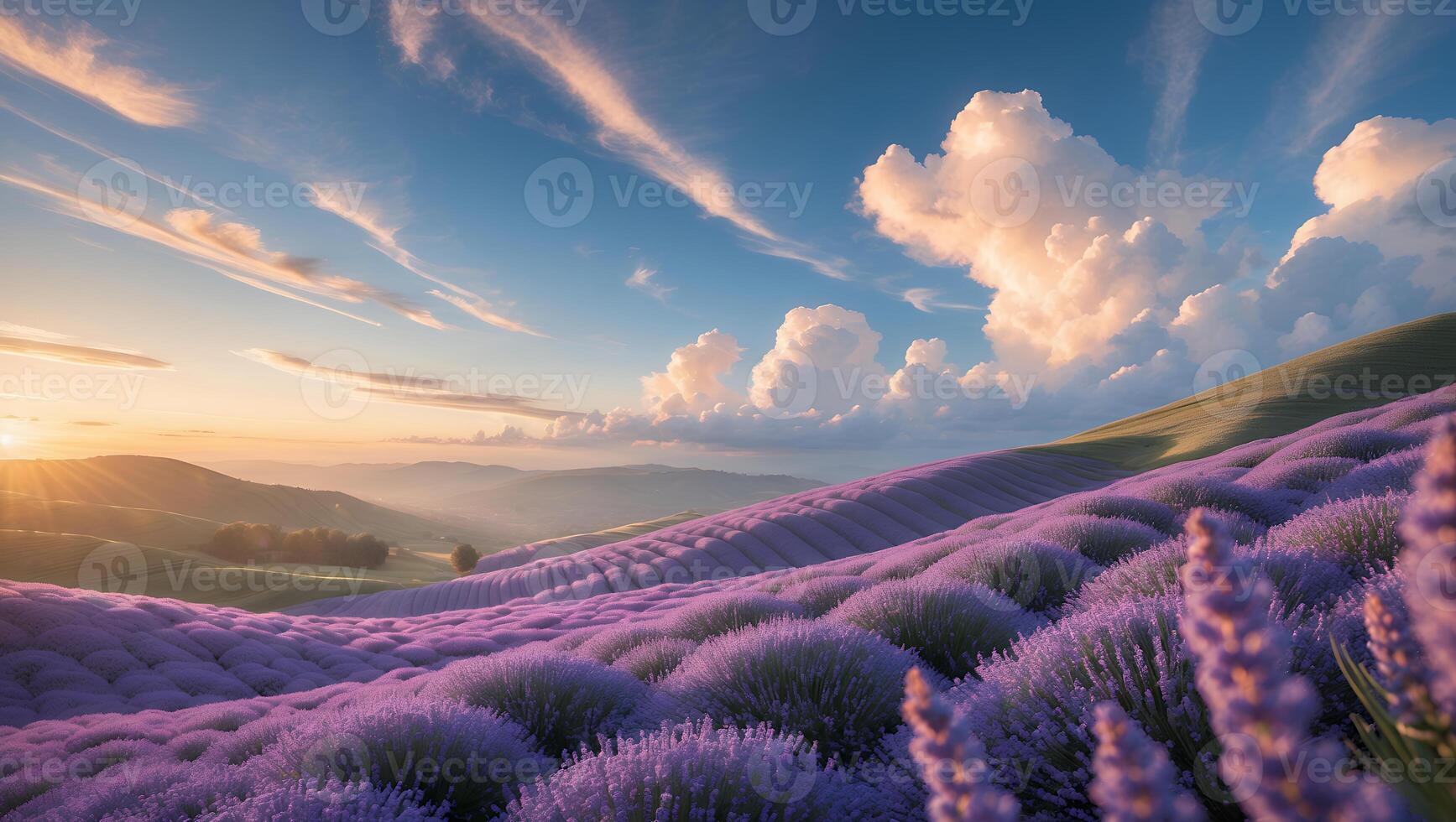 Lavender Field at Sunset with Rolling Hills and Dramatic Sky photo