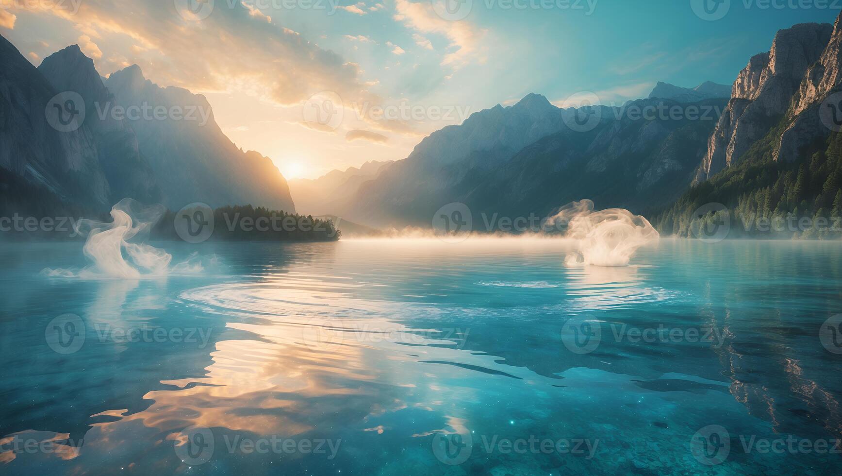Lake at Sunrise Mountains Reflecting Water with Haze and Reflections photo