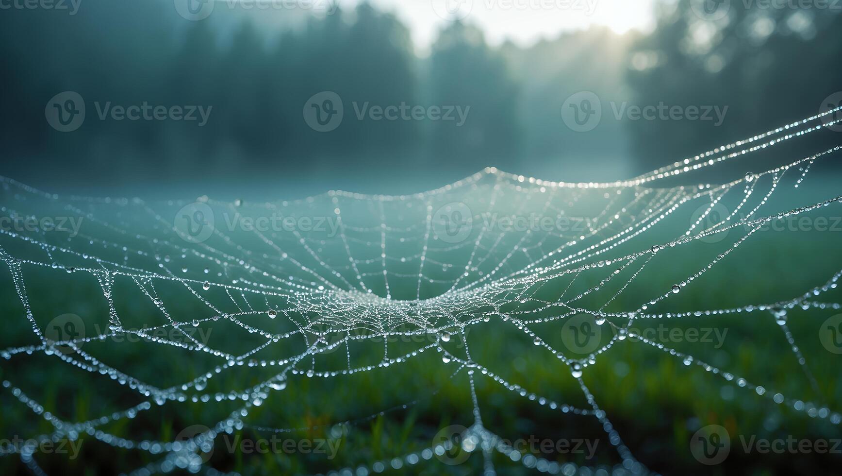 Spiderweb Covered in Dew in Morning Mist Nature Scenery photo