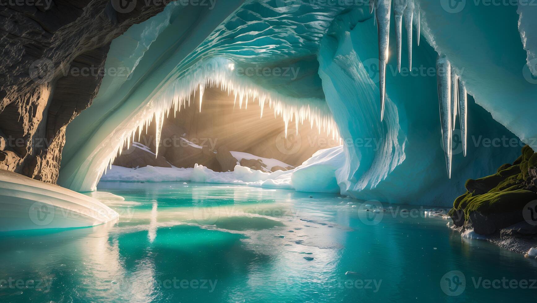Exploring Ice Cave with Icicles and Turquoise Water Reflecting Light photo