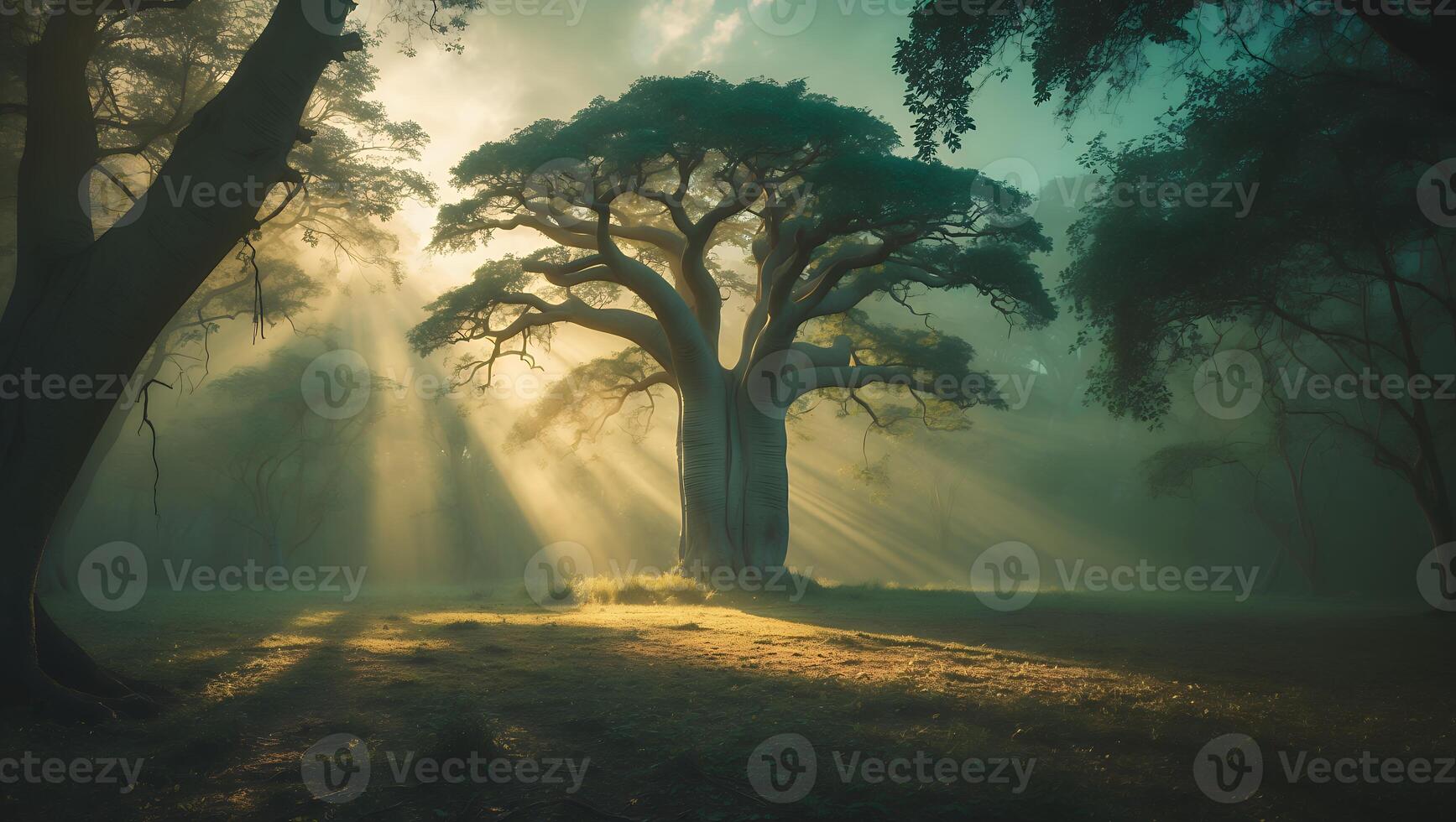 Majestic Tree in Forest Sunlight Streaming Through Mist Landscape photo
