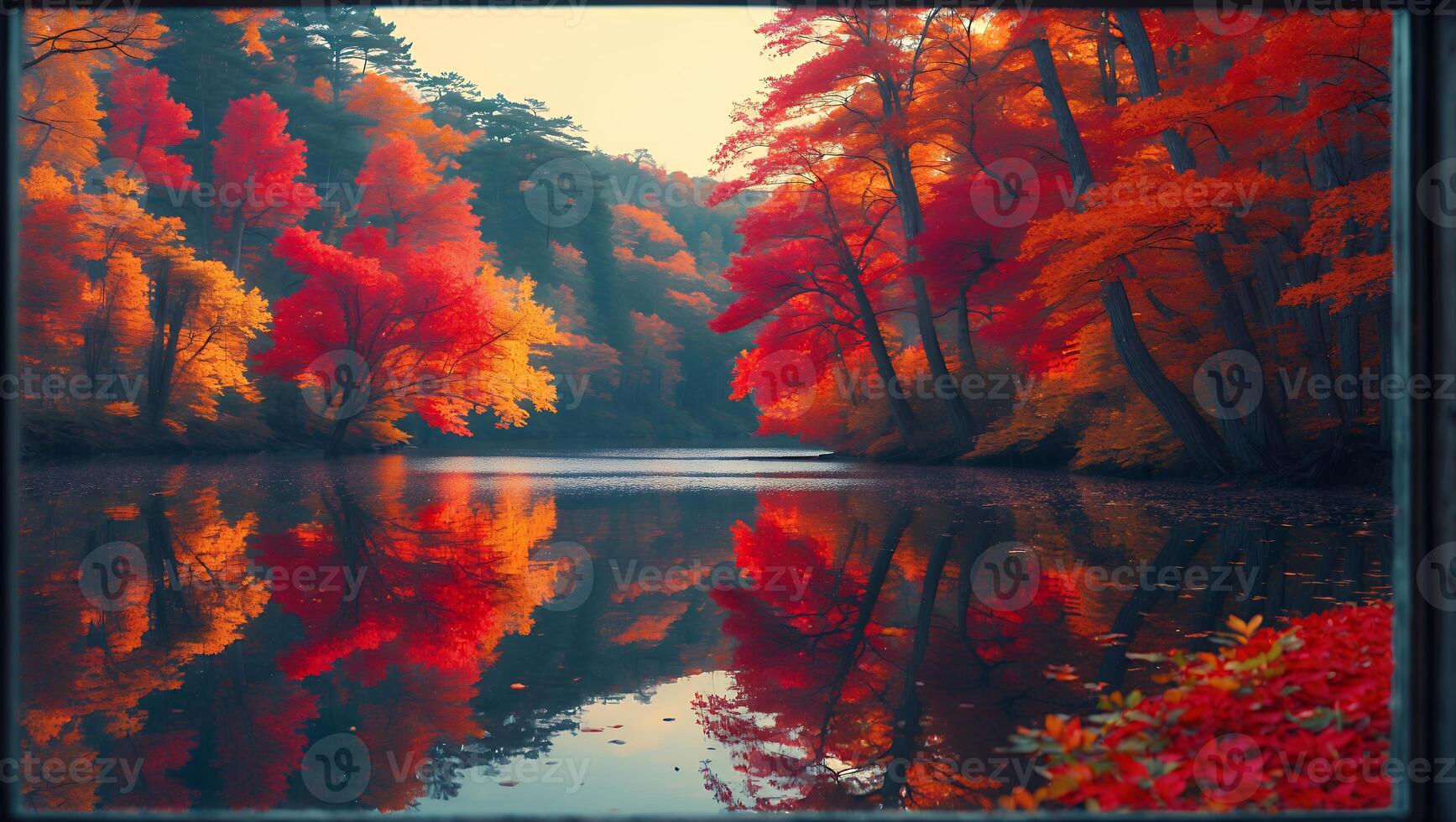 Autumn Forest Reflection in Water with Vibrant Colorful Fall Foliage photo