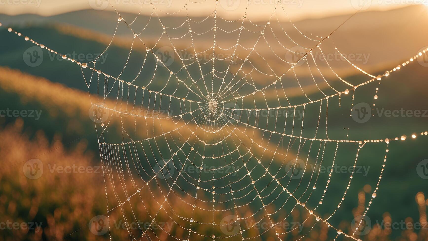 Spiderweb Covered in Dewdrops Shines in Early Morning Sunlight Against Field photo