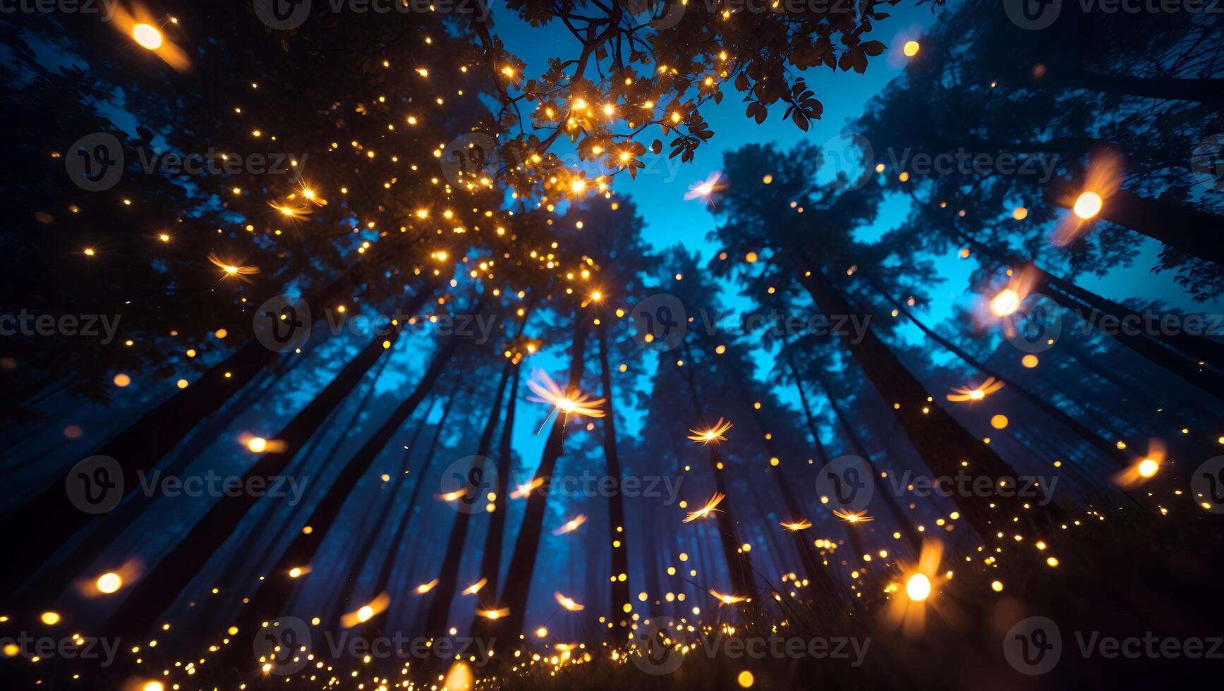 Looking Up at Tall Trees with Flying Lights in Forest photo