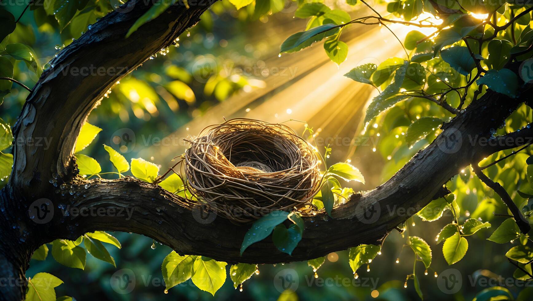 Nest Resting on Branch with Sunlight Streaming Through Green Leaves photo