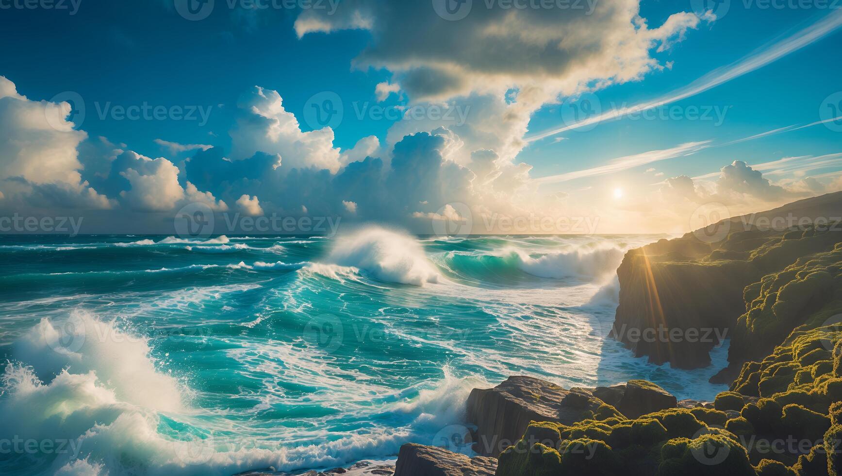 Ocean Waves Crashing on Rocky Coastline Under Cloudy Sky During Sunset photo