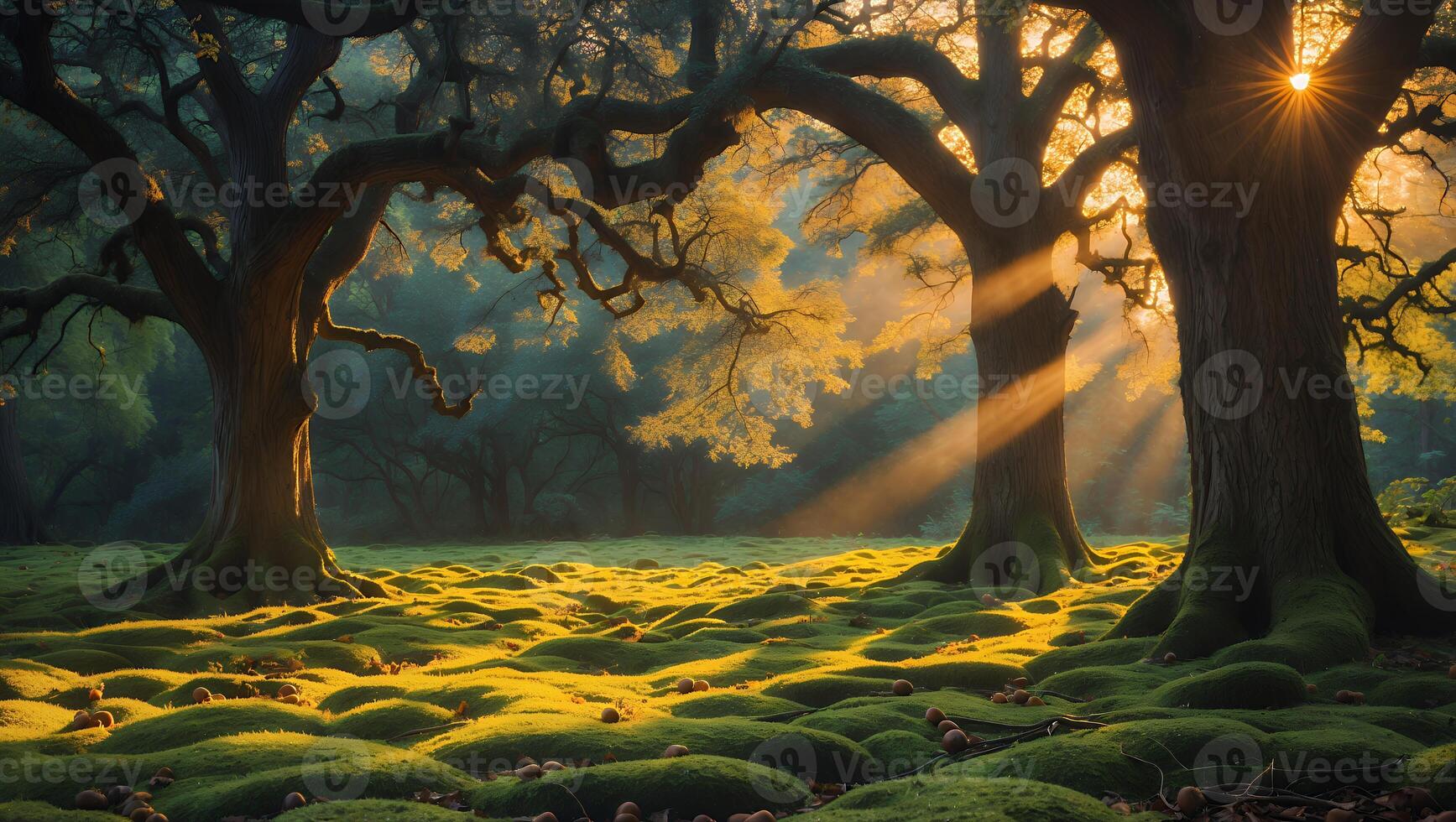 Sunlight Streaming Through Forest Trees Over Mossy Ground Landscape photo