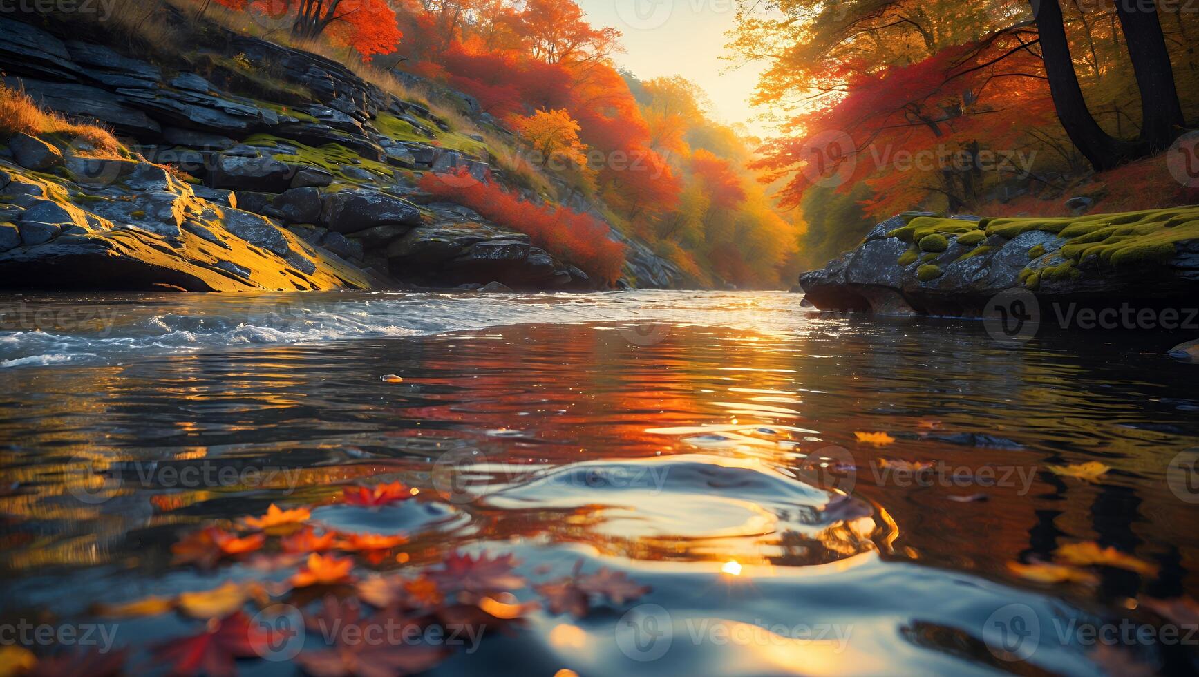 River Flowing Through Autumn Forest Reflecting Sunset with Fallen Leaves photo