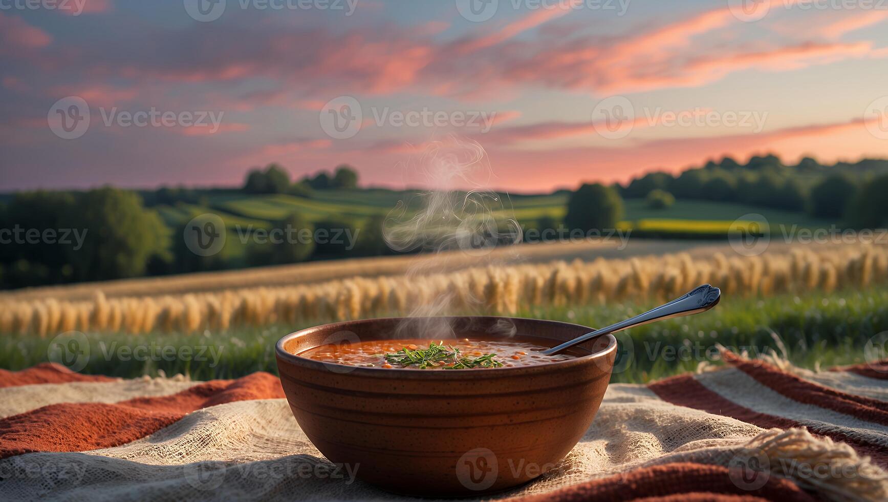 Hot Soup Bowl at Sunset Over Wheat Field with Linen Blanket photo