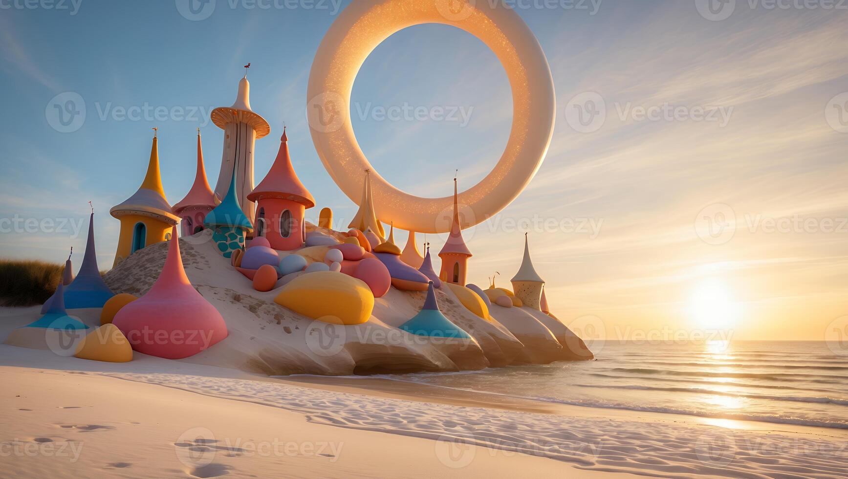 Colorful Fantasy Architecture on Beach with Ring at Peaceful Sunset photo