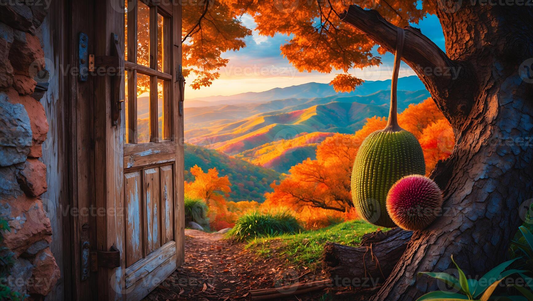 Open Door to Colorful Autumn Hills with Unique Fruit Hanging photo