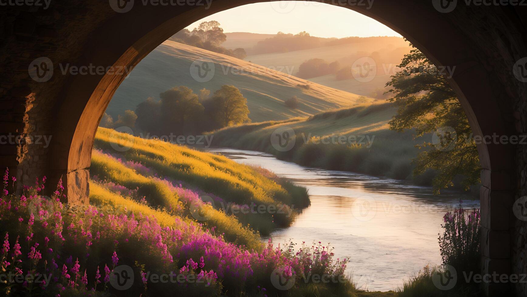 River Flowing Through Green Hills Under Stone Archway at Sunset photo