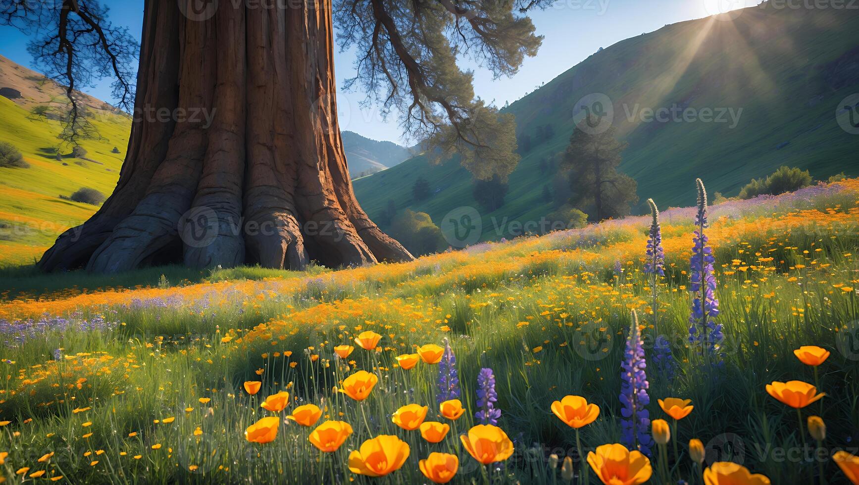 Giant Redwood Tree Standing in a Wildflower Meadow with Sunlight photo