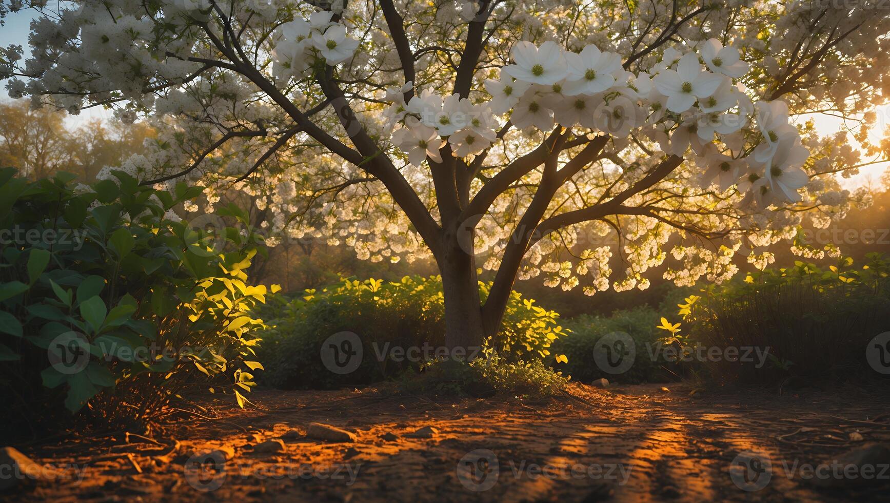 Blooming Tree with White Flowers and Sunlight Filtering Through Branches photo