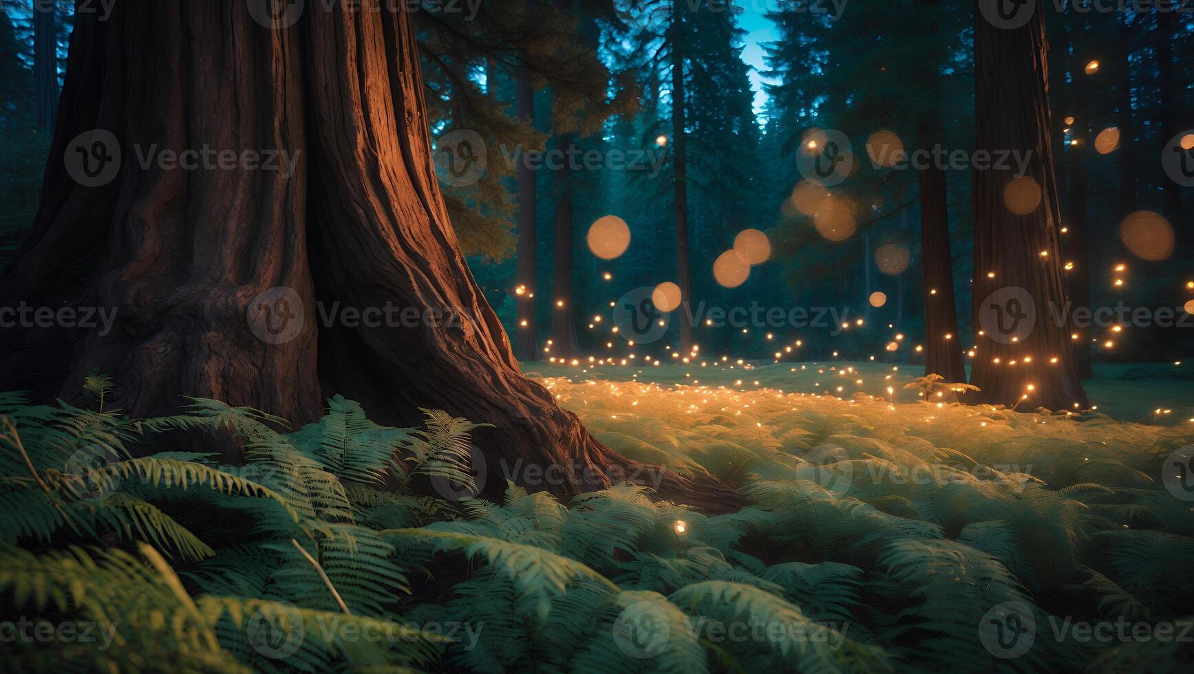 Magical Forest Scene with Glowing Lights and Ferns Landscape photo