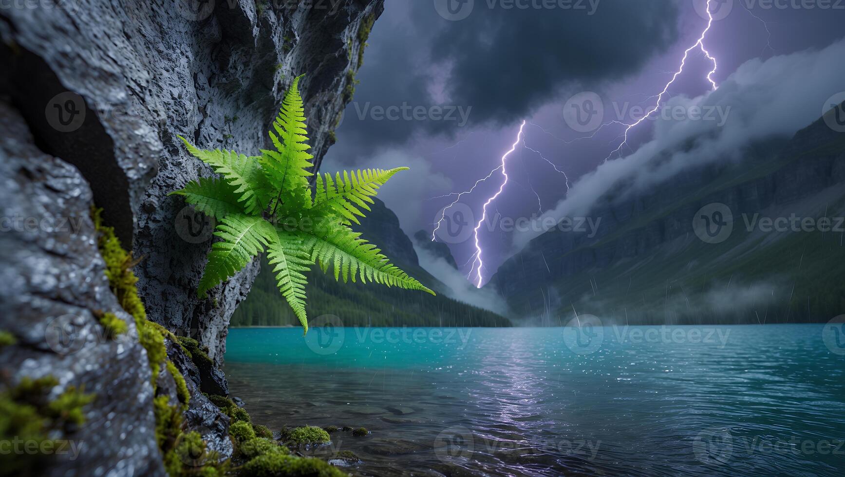 Lake View with Fern Lightning and Mountains Creates a Dramatic Scene photo
