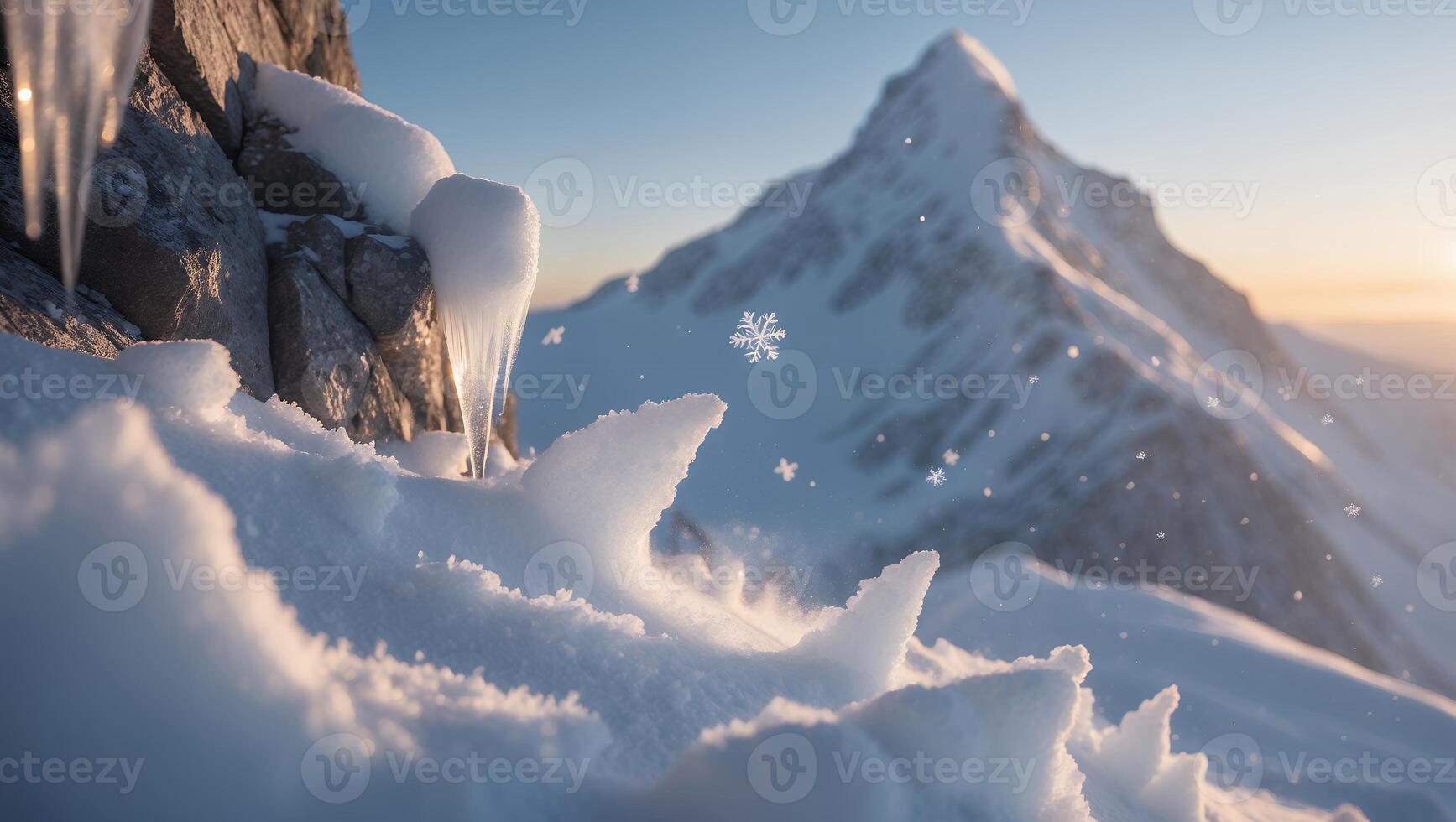 Snowy Mountain Peak Scene with Icicles and Sparkling Snowflakes photo