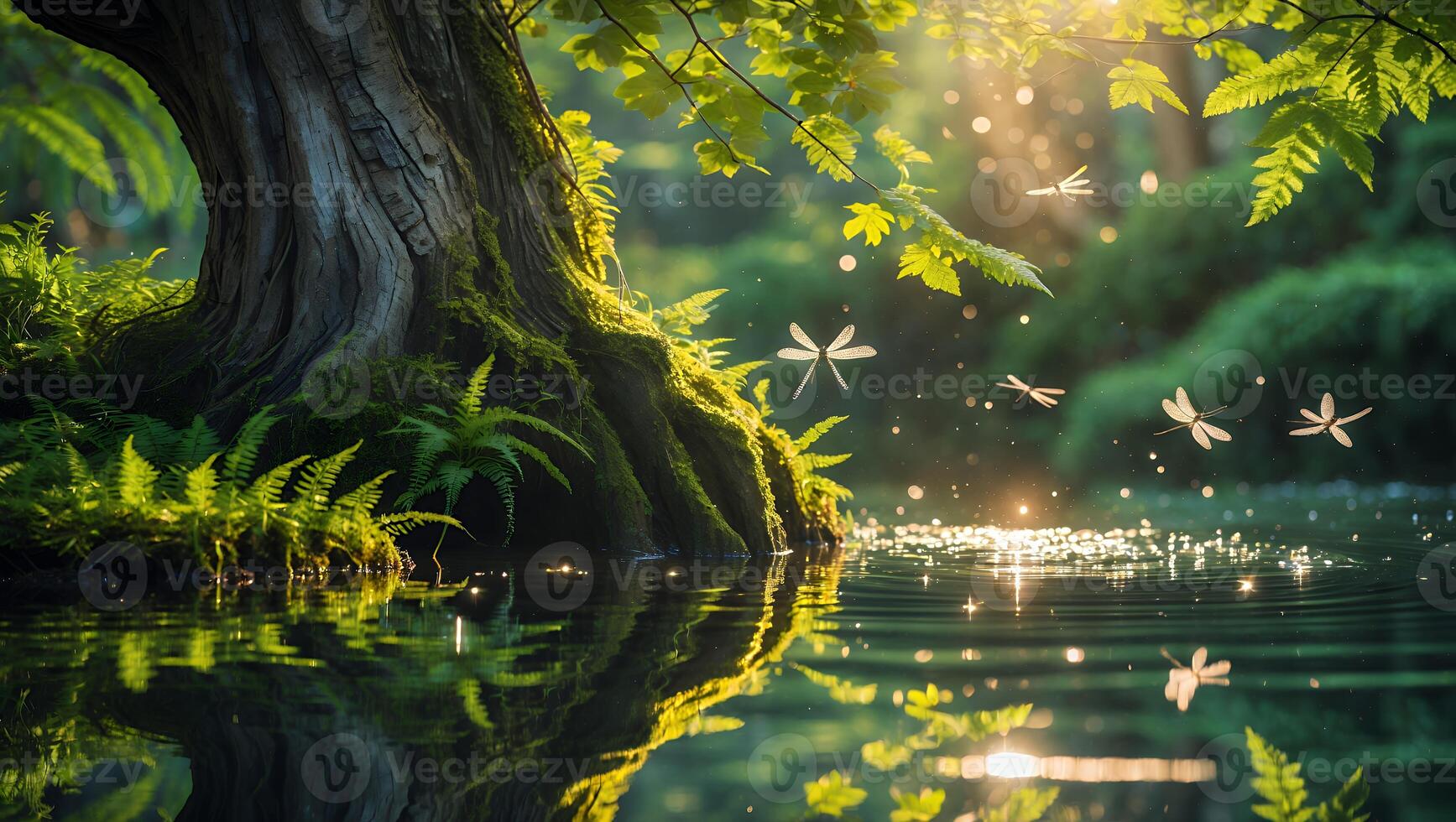 Tranquil Forest Pond with Tree Reflection and Flying Insects photo
